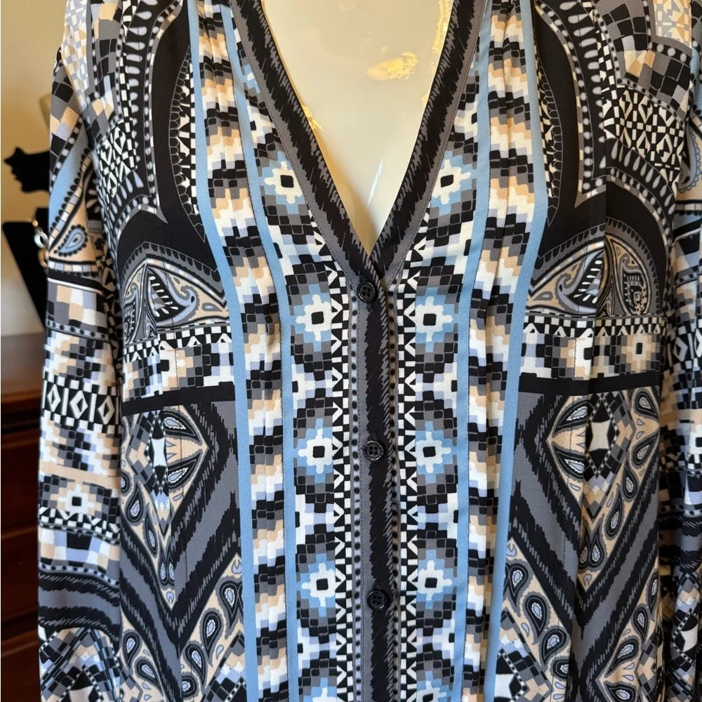 Hale Bob Black White Blue Tan Design Long Sleeve Pullover Dress Sz L Knee Length - Picture 3 of 16